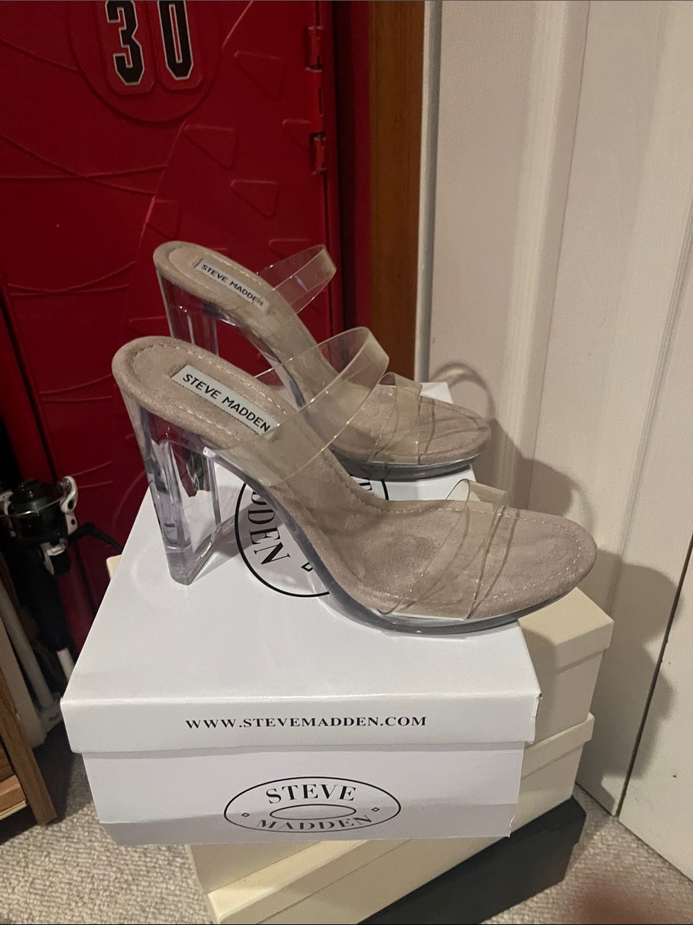 Steve Madden Clear Strap Sandal in Taupe Suede - Picture 4 of 5
